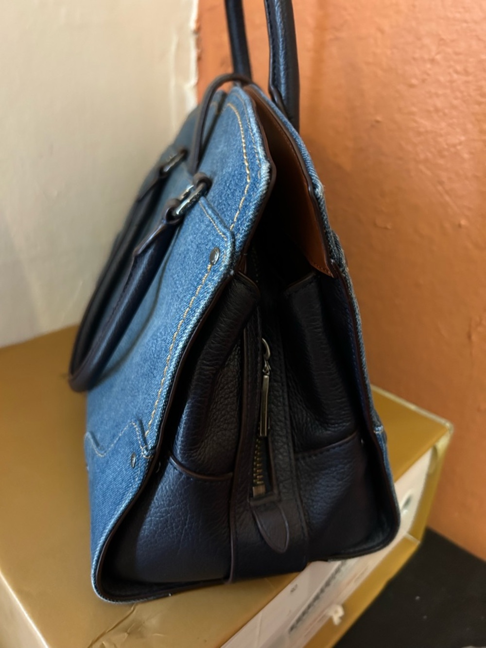 Coach Mercer 30 Blue Denim and leather satchel with crossbody strap GORGEOUS - Picture 6 of 10